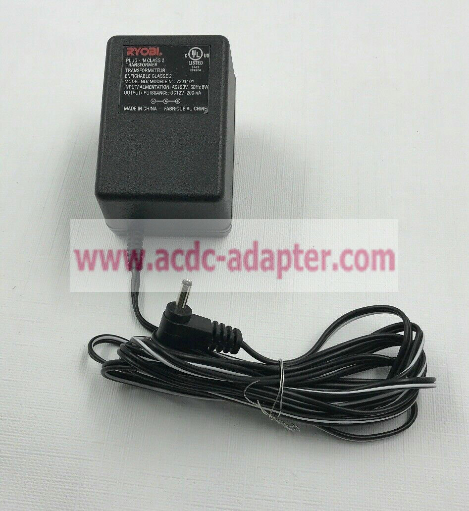 NEW Ryobi 7221101 12VDC 200mA Plug In Class 2 Power Supply Adapter - Click Image to Close